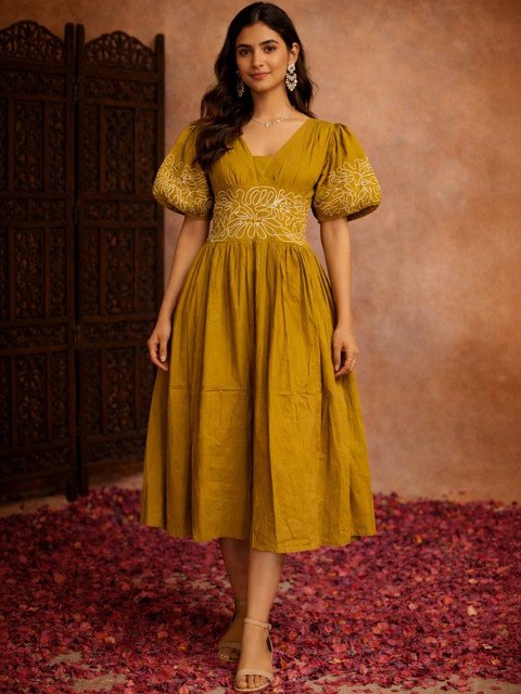 Aarika Embroidered Puff Sleeve A-Line Dress