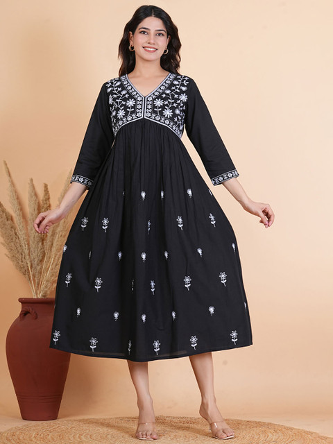 HERE&NOW Floral Embroidered A-Line Midi Dress