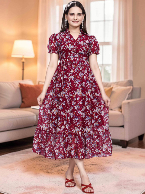 QENA Floral Print Puff Sleeve Georgette Fit & Flare Midi Dress
