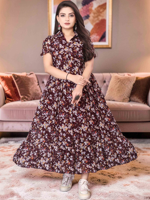 QENA Floral Print Puff Sleeve Georgette Fit & Flare Midi Dress