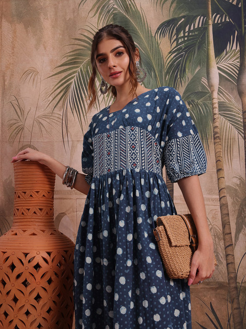 Sangria Abstract Printed Puff Sleeve A-Line Midi Dress