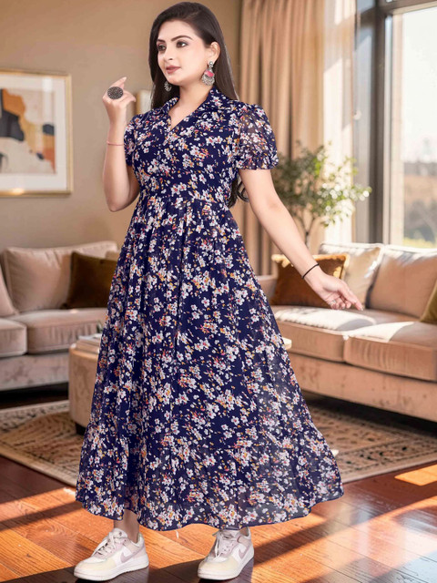 QENA Floral Print Puff Sleeve Georgette Fit & Flare Midi Dress