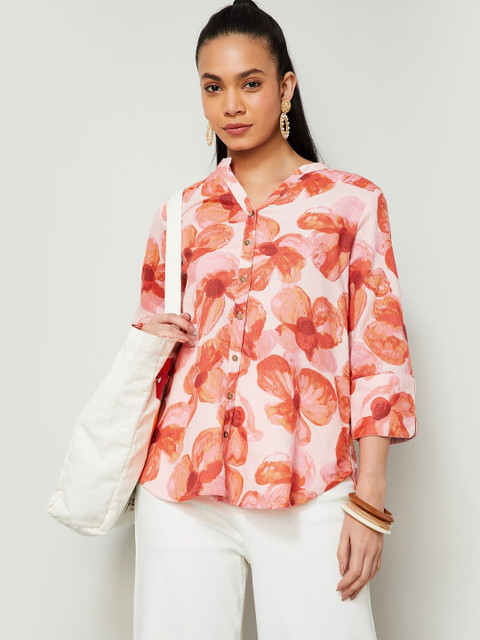 Colour Me by Melange Floral Print Mandarin Collar Top
