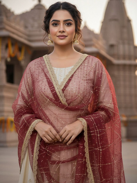 Komurr Net Dupatta with Sequin Work and Lace Border - Image 2