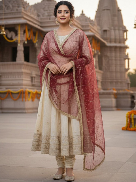 Komurr Net Dupatta with Sequin Work and Lace Border