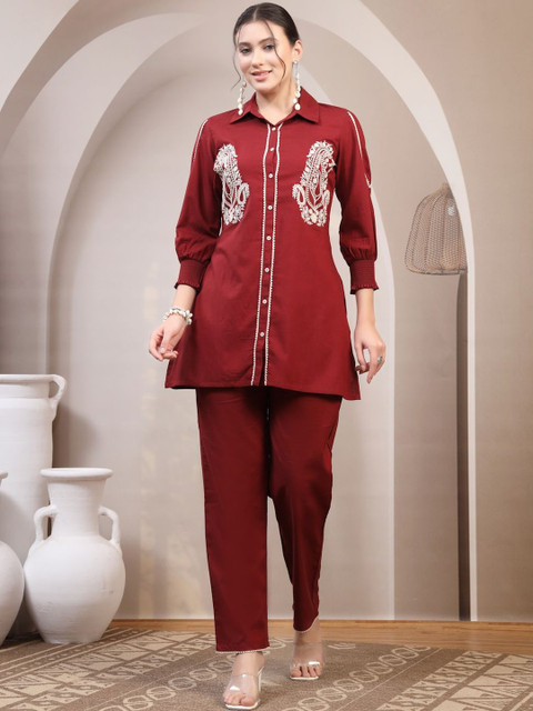 Nayam By Lakshita Ethnic Motifs Embroidered Shirt Collar Thread Work Tunic With Trousers