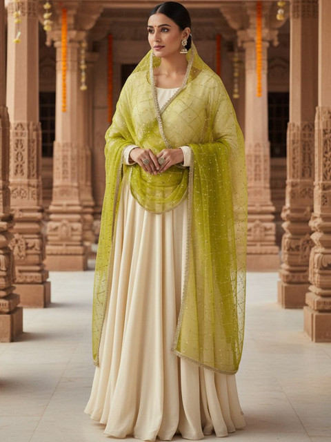 Komurr Net Dupatta with Sequin Work and Lace Border