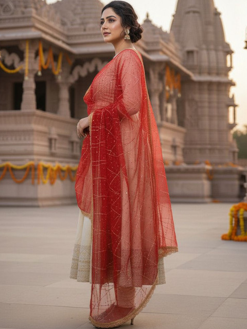 Komurr Net Dupatta with Sequin Work and Lace Border - Image 3