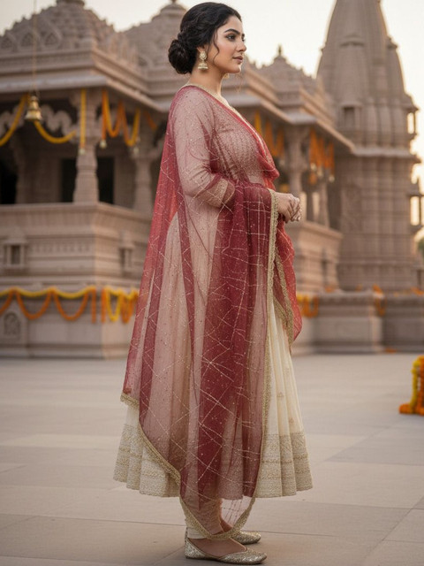 Komurr Net Dupatta with Sequin Work and Lace Border - Image 3