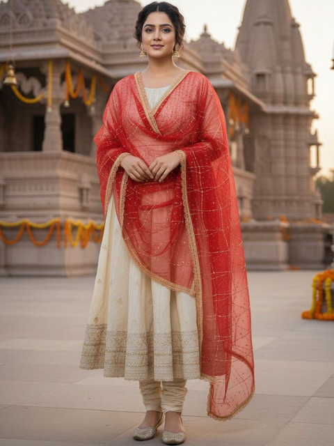 Komurr Net Dupatta with Sequin Work and Lace Border