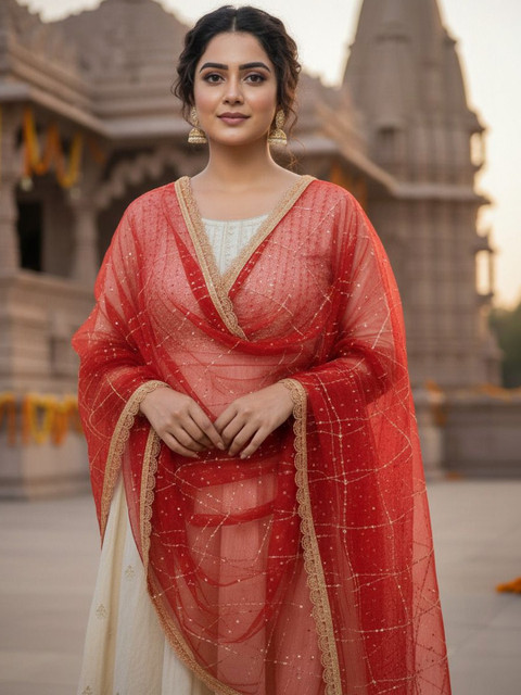 Komurr Net Dupatta with Sequin Work and Lace Border - Image 2