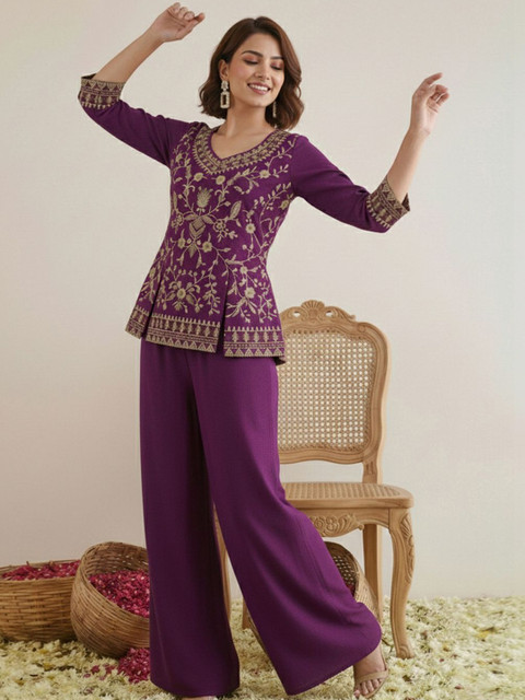 Sangria Indie Florals Embroidered Tunic with Palazzos - Image 3