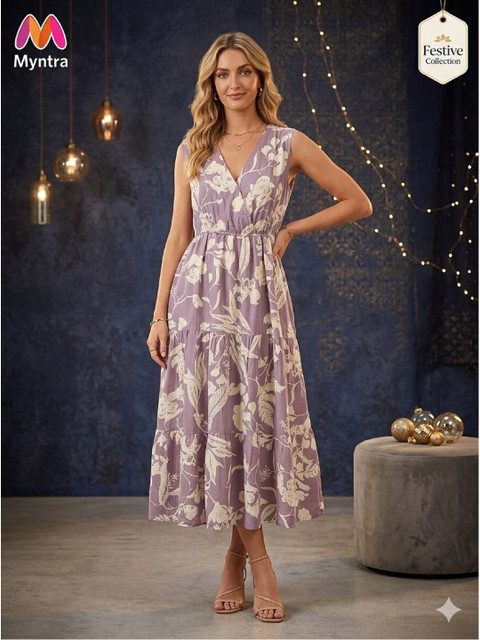 Cloth Bites Floral Print Fit & Flare Midi Dress