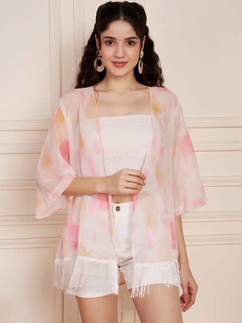 SarasJyoti Tie and Dye Kimono Sleeve Fringed Georgette Kaftan Top