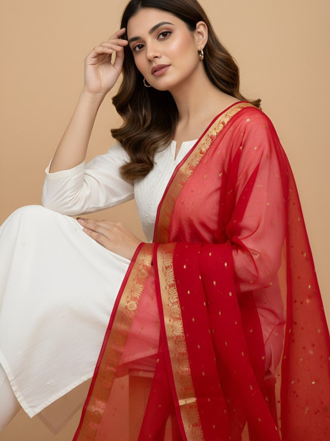 MUFFLY Ethnic Motifs Woven Design Cotton Silk Dupatta with Zari - Image 3