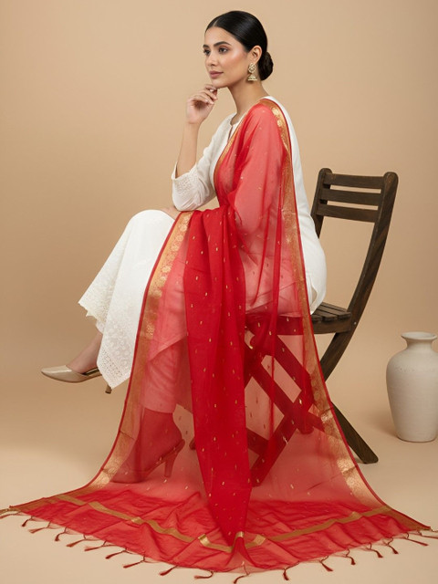 MUFFLY Ethnic Motifs Woven Design Cotton Silk Dupatta with Zari - Image 4