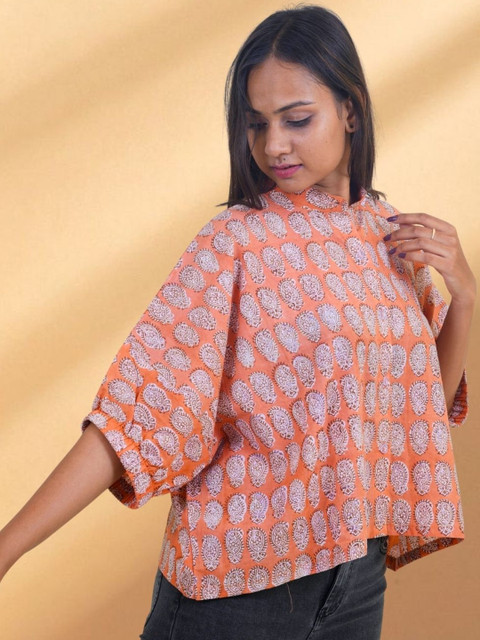 PRAKRAT Print Mandarin Collar Cotton Top
