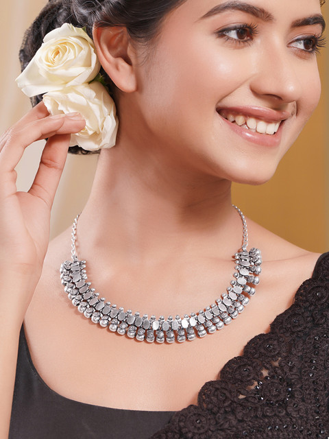 Rubans Brass Silver-Plated Oxidised Necklace