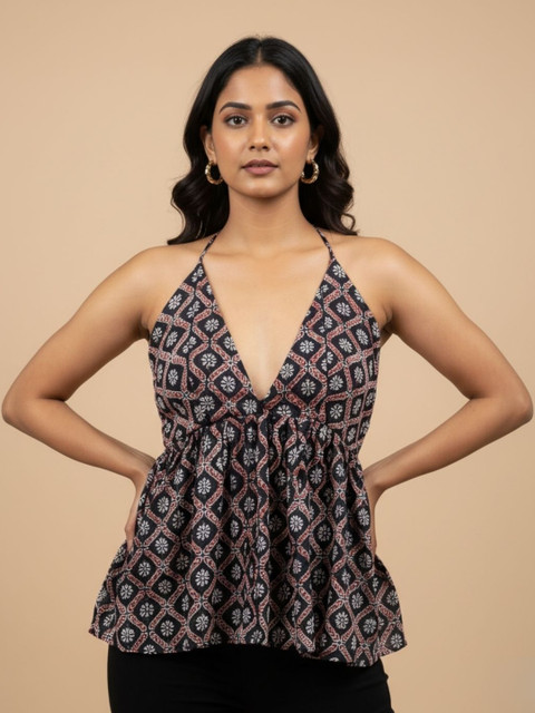 PRAKRAT Geometric Print Halter Neck Cotton Top