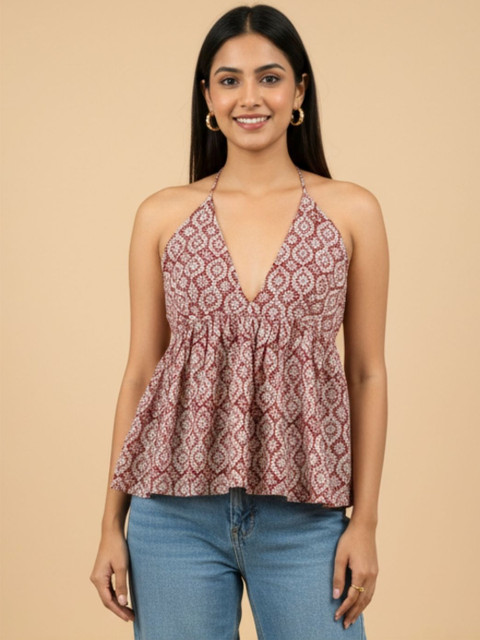 PRAKRAT Geometric Print Halter Neck Cotton Top