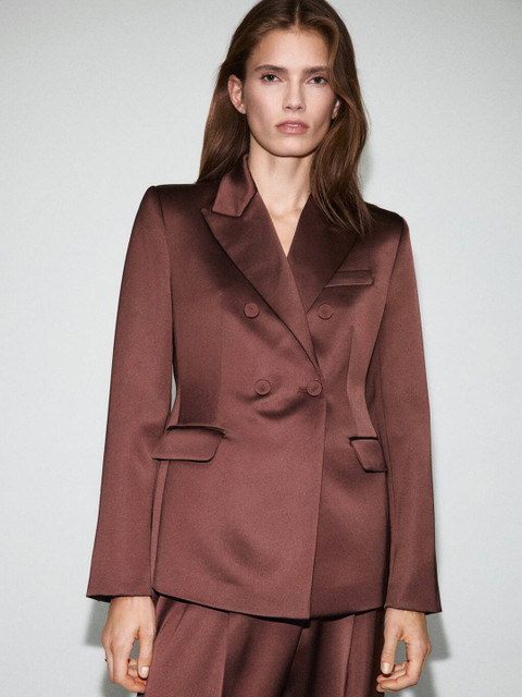 MANGO Notched Lapel Collar Satin Finished Double-Breasted Blazer