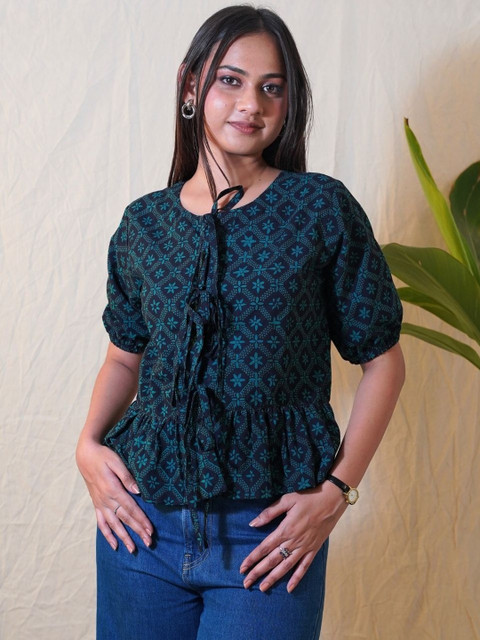 PRAKRAT Geometric Print Tie-Up Neck Puff Sleeve Cotton Peplum Top