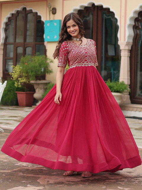 GLOSIA DESIGN Embellished Georgette Fit & Flare Maxi Dress