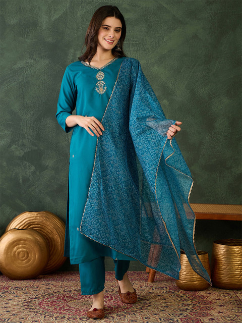 KALINI Women Floral Embroidered Zari Straight Kurta With Trousers & Dupatta