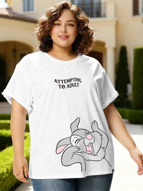 Bewakoof Women White Attempting To Adult Graphic Printed Boyfriend Plus Size T-shirt