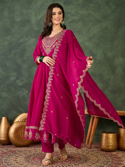 KALINI Floral Yoke Design V-Neck Zari Anarkali Kurta With Trousers And Dupatta