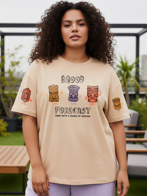 Bewakoof Heavy Duty Women Brown Mood Forecast Printed Oversized Plus Size T-shirt