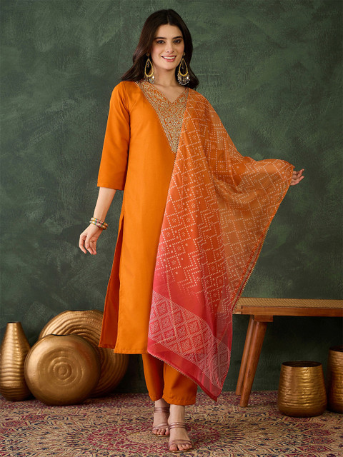 KALINI Women Ethnic Motifs Embroidered Regular Kurta with Trousers & With Dupatta