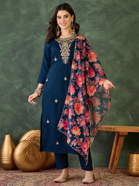 KALINI Women Floral Embroidered Regular Kurta with Trousers & With Dupatta