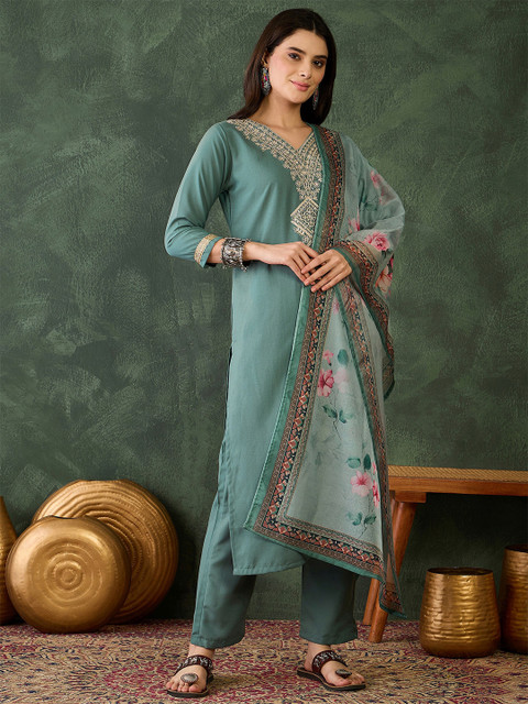KALINI Women Embroidered Regular Kurta with Trousers & With Dupatta
