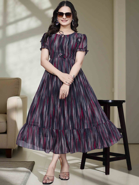 QENA Print Puff Sleeve Georgette A-Line Midi Dress