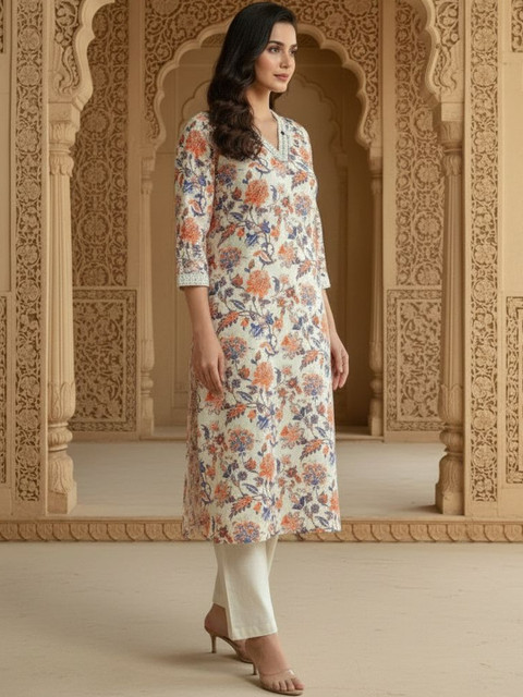 Sangria Printed Cotton V-Neck Calf Length Straight Kurta - Image 5