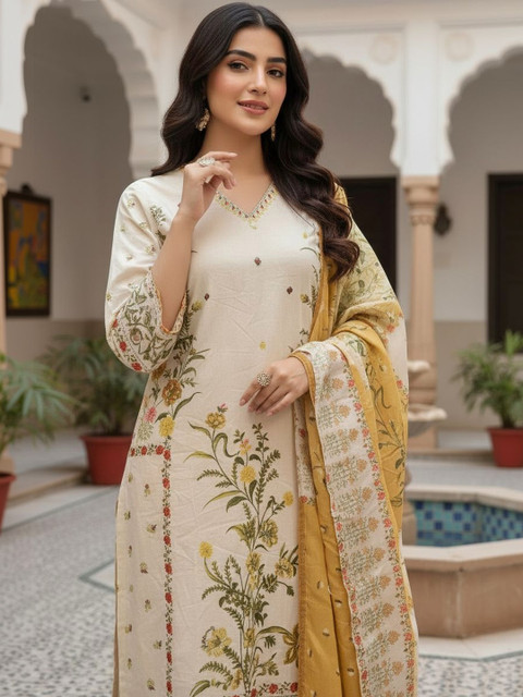 Anouk Women Floral Embroidered Regular Sequinned Pure Cotton Kurta with Trousers & With Dupatta - Image 5