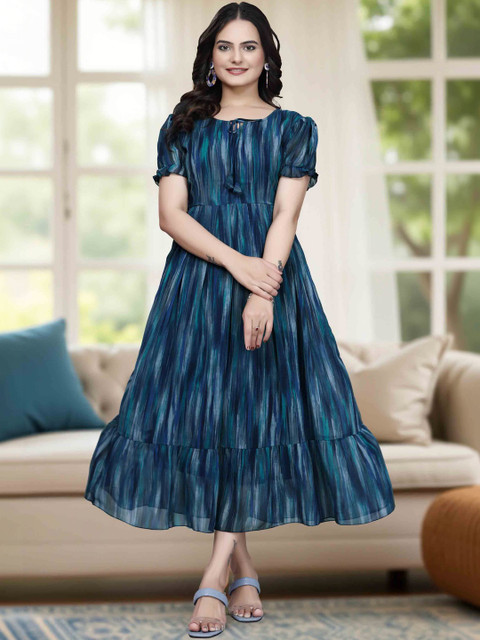 QENA Print Puff Sleeve Georgette Fit & Flare Midi Dress