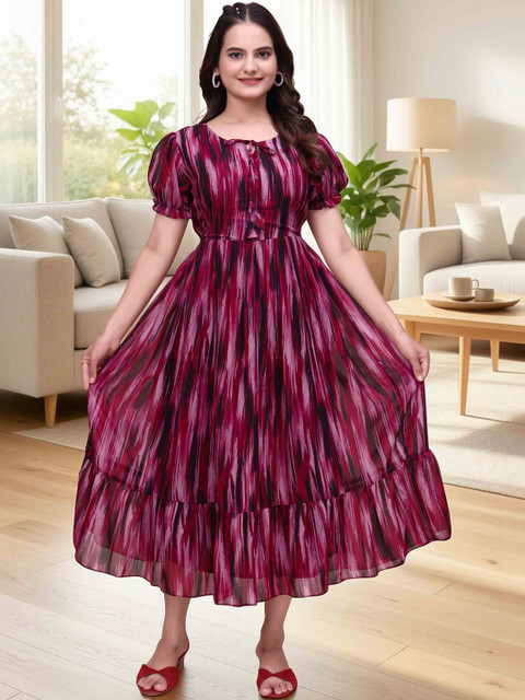 QENA Print Puff Sleeve Georgette Fit & Flare Midi Dress
