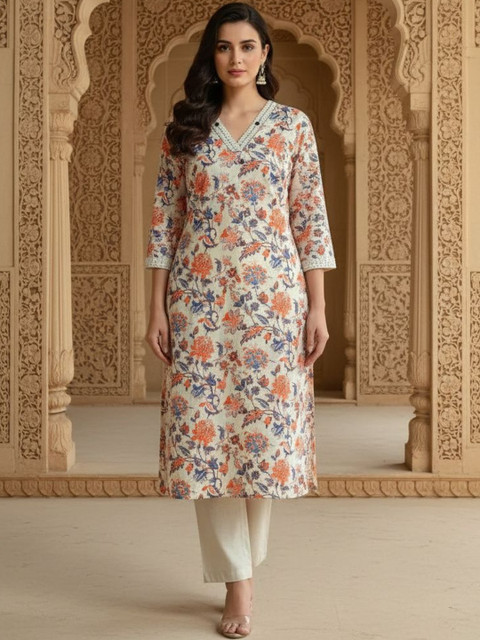 Sangria Printed Cotton V-Neck Calf Length Straight Kurta