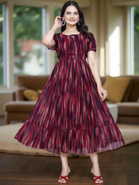 QENA Print Puff Sleeve Georgette Fit & Flare Midi Dress