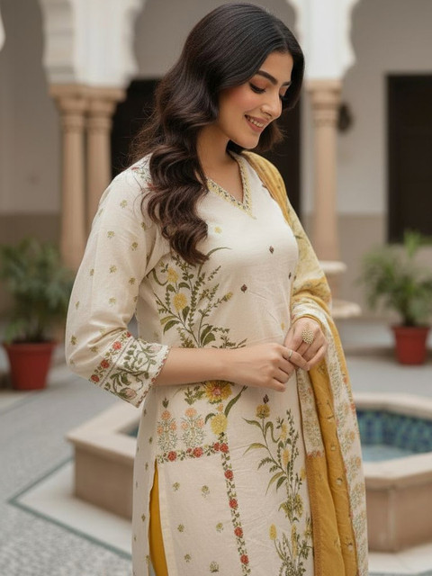 Anouk Women Floral Embroidered Regular Sequinned Pure Cotton Kurta with Trousers & With Dupatta - Image 2