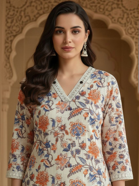 Sangria Printed Cotton V-Neck Calf Length Straight Kurta - Image 2