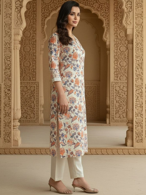 Sangria Printed Cotton V-Neck Calf Length Straight Kurta - Image 3