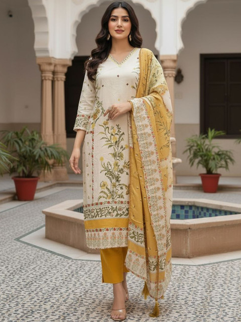 Anouk Women Floral Embroidered Regular Sequinned Pure Cotton Kurta with Trousers & With Dupatta - Image 7