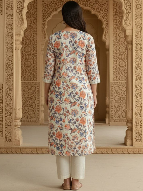 Sangria Printed Cotton V-Neck Calf Length Straight Kurta - Image 4