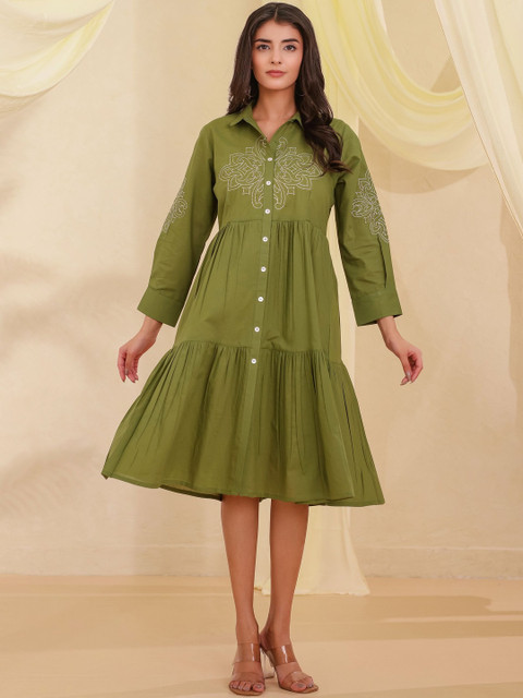 SUTI Women Green Embroidered Cotton Shirt Collar Dress