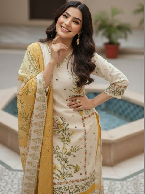 Anouk Women Floral Embroidered Regular Sequinned Pure Cotton Kurta with Trousers & With Dupatta