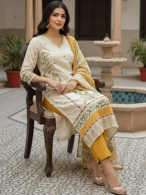 Anouk Women Floral Embroidered Regular Sequinned Pure Cotton Kurta with Trousers & With Dupatta - Image 3