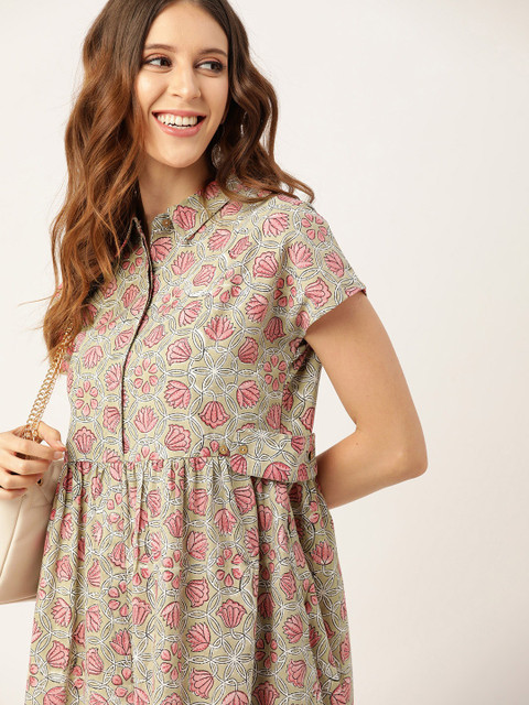 Taavi Ethnic Motifs Printed Pure Cotton Fit & Flare Midi Dress